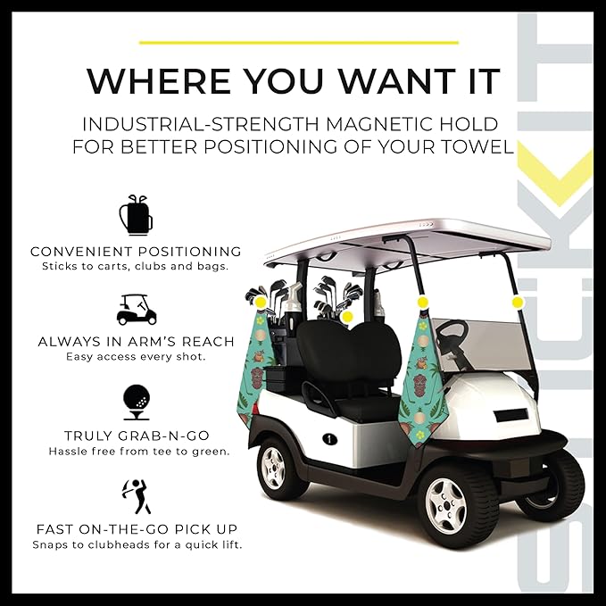 STICKIT Magnetic Golf Towel, Teal Tiki | Top-Tier Microfiber Golf Towel with Deep Waffle Pockets | Industrial Strength Magnet for Strong Hold to Golf Carts or Clubs