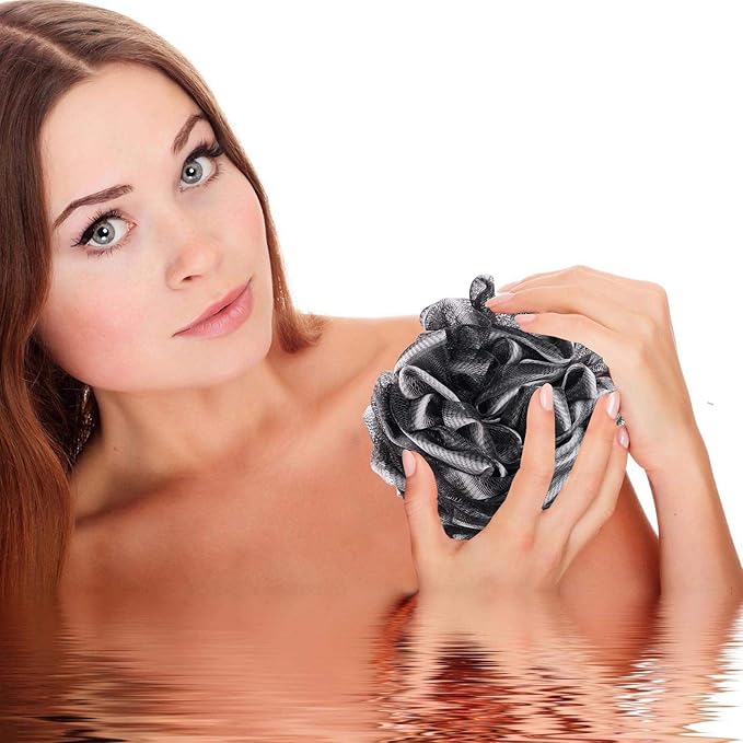 BTYMS 4 Pieces Loofah Sponge Shower Puff Exfoliating Bath Sponge 60g Mesh Pouf Bath Loofahs Black Shower Scrunchies for Bathing