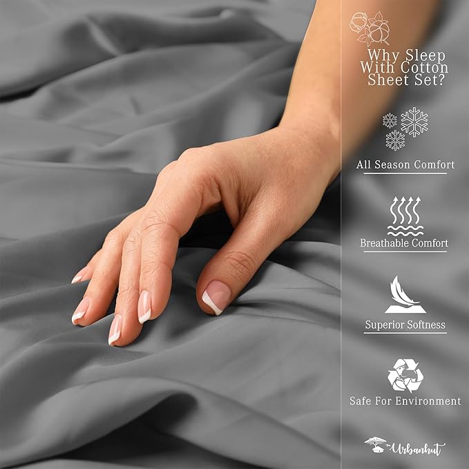 URBANHUT 700 Thread Count Egyptian Cotton Sheets King Size, 4Pc Sheet Set Soft Luxury Bed Sheets for King Size Bed, Sateen Weave Hotel Sheets, 16'' Elasticized Deep Pocket - Dark Grey