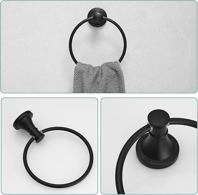 Hoimpro Matte Black 4-Piece Bathroom Bath Set, Wall Mount Bathroom Hardware Fixture (Adjustable Towel Bar Rack, Towel Ring Holder, Paper Towel Holder, Double Towel Hook), Bathroom Accessories