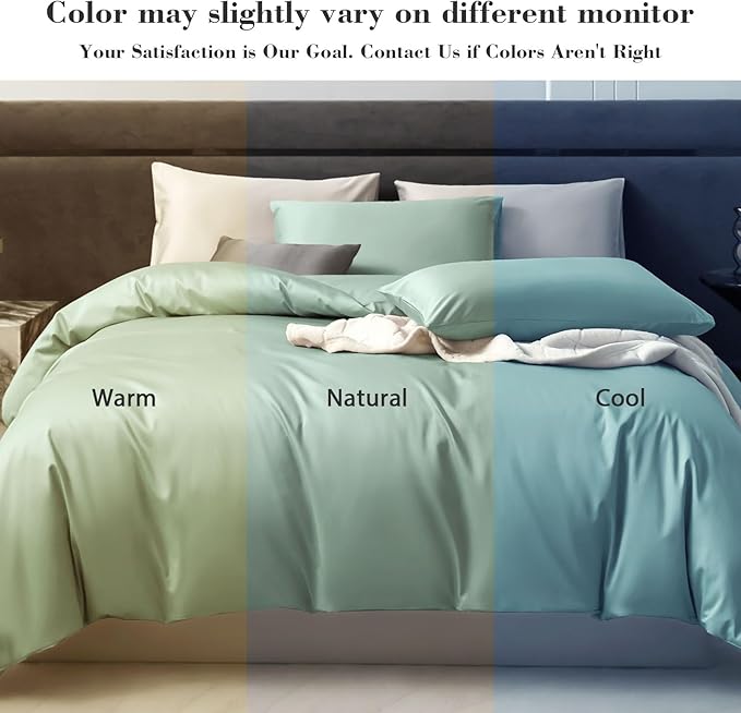 PURE ERA Duvet Cover Set 800 Thread Count Long Staple Cotton Sateen Silky Soft Luxurious Smooth 3 Piece Set Light Sage Green Queen