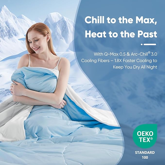 Elegear Cooling Comforter Queen Absorbs Body Heat to Keep Cool, Cooling Blanket for Hot Sleepers Japanese Arc-Chill 3.0 Cool Tech Fabric Summer Comforter Hypo-Allergenic Cooling Quilt - Blue/Gray