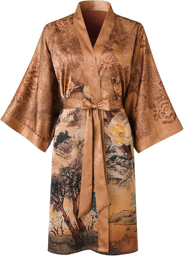 Ledamon Women's Kimono Short Robe - Classic Floral Bathrobe Nightgown