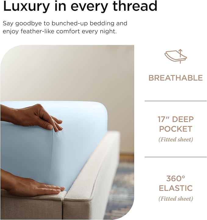 Threadmill California King Sheets, Certified American Supima Cotton Sheets, 1000 Thread Count Hotel Quality Sheet, 4 Piece Luxury Bed Sheet Set with Elasticized Extra Deep Pocket, Light Blue