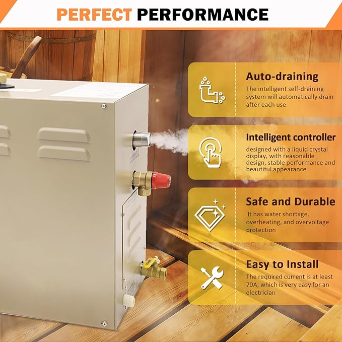 Steam shower generator,9kw Household-Commercial,Steam shower generator kit, with self-draining system,Temperature adjustable 95-131°F,Applicable space 315～350ft3(9KW)