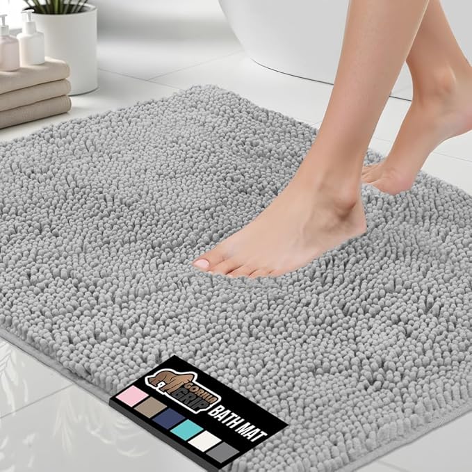 GORILLA GRIP Bath Rug Mat 44x26, Soft Absorbent Chenille, Quick Dry Microfiber Mats, Rubber Backing Washable Shower Floor Rugs, Bathmat Runner, US Designed Bathroom Home Decor Accessories Light Gray