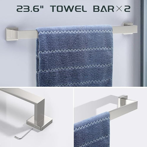 7-Piece Bathroom Hardware Set Brushed Nickel Towel Bar Set with Towel Rack, 2 Square 23-Inch Towel Bars and Stainless Steel Bathroom Accessories Wall Mounted
