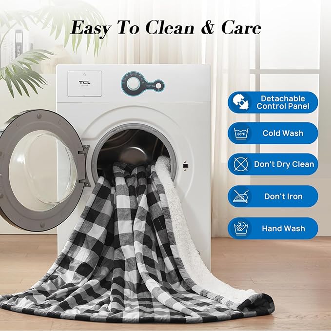 Westinghouse Full Size Heated Blanket Electric Blanket, Flannel & Sherpa Heating Blanket with10 Heating Levels & 1 to 12 Hours Heating Time Settings, Fast Heating Blanket Black Plaid, 72x84 Inches