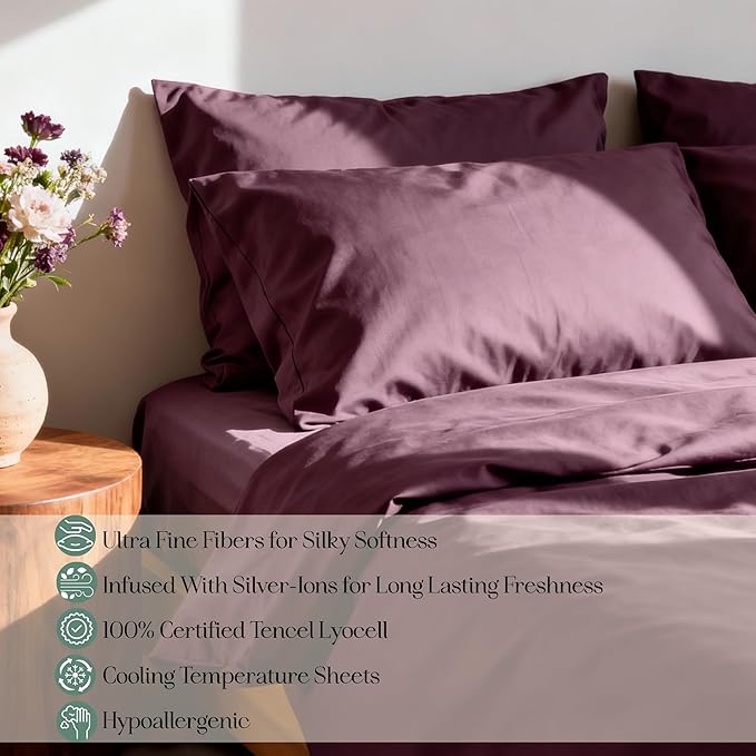 CASILVA Eucalyptus Sheets - Infused with Silver for Anti-Odor, Softer Than Silk Fibers, More Cooling Than Cotton - Perfect for Hot Sleepers & Sensitive Skin - 100% Tencel Lyocell - King Sheet Set