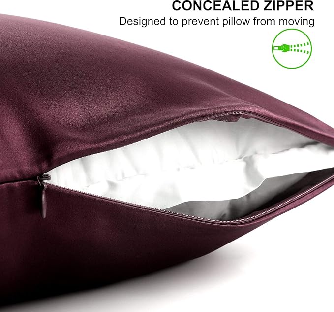 Queen Silk Pillowcase and Random Color Silk Scrunchie Gift Set ALASKA BEAR Hypoallergenic Pillow Cases for Acne Prolong Hairstyles, Eyelashes & Extensions (1pc, Red Burgundy)