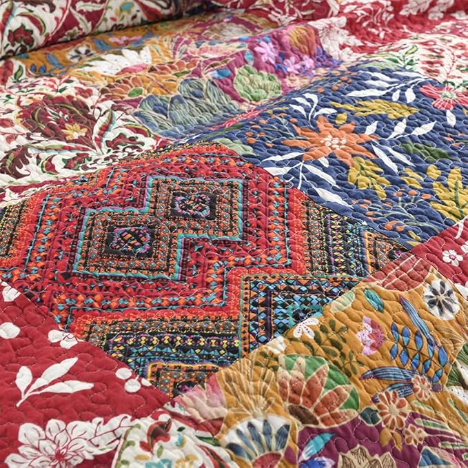 Cotton Bedspread Quilt Bedding Sets 3 Pieces Reversible Coverlet Sets Comforters Gorgeous Paisley Floral Patchwork Red Bedspread, Queen Size
