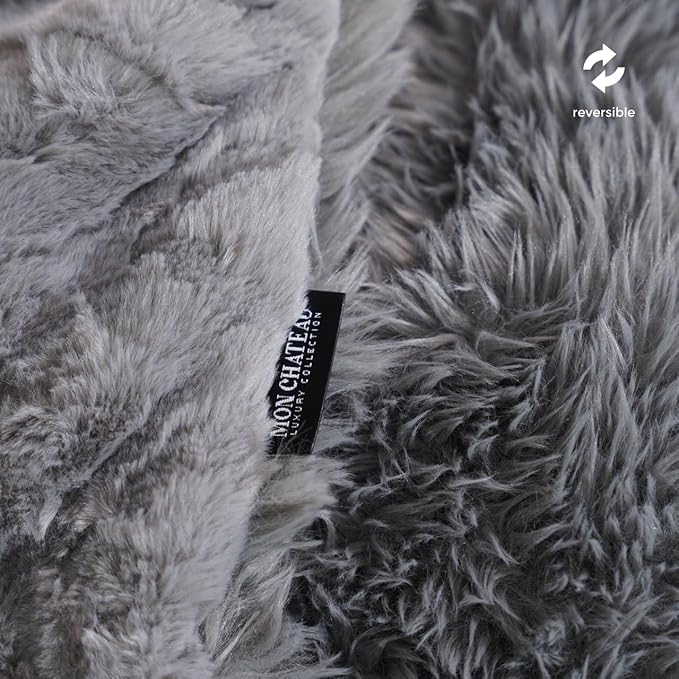 Mon Chateau 60" x 70" Crest Faux Fur Throw, Plush Luxury Blanket for Couch, Sofa, or Bed, Soft Reversible Throw Blanket for Sleeping, Home & Room Decor, Fog Stone