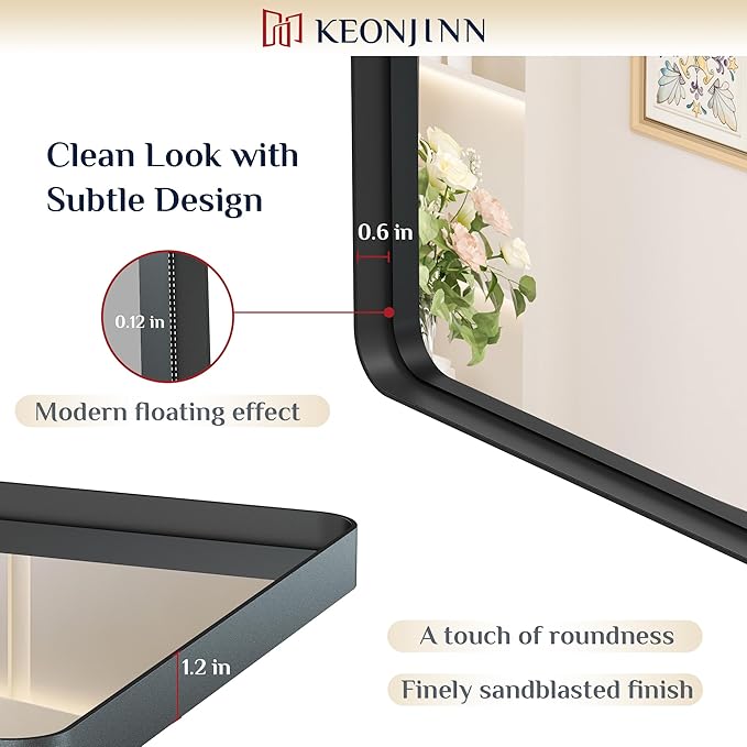 Keonjinn Black Bathroom Mirror for Over Sink, 32 x 36 Inch Rounded Rectangle Bathroom Vanity Mirrors, Matte Black Farmhouse Wall Mirror, Shatterproof HD Tempered Glass, Seamless Aluminum Alloy Frame