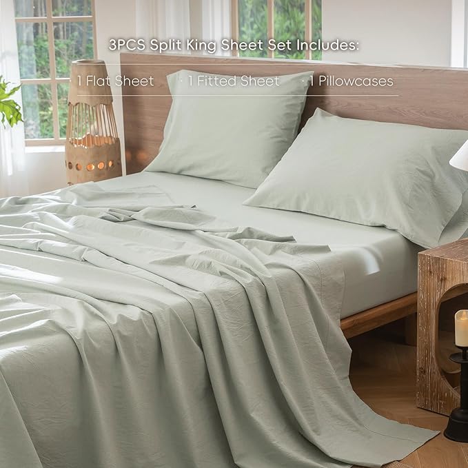MooMee Bedding Sheet Set 100% Washed Cotton Linen Like Textured Breathable Durable Soft Comfy (Heathered Sage Green, Twin)