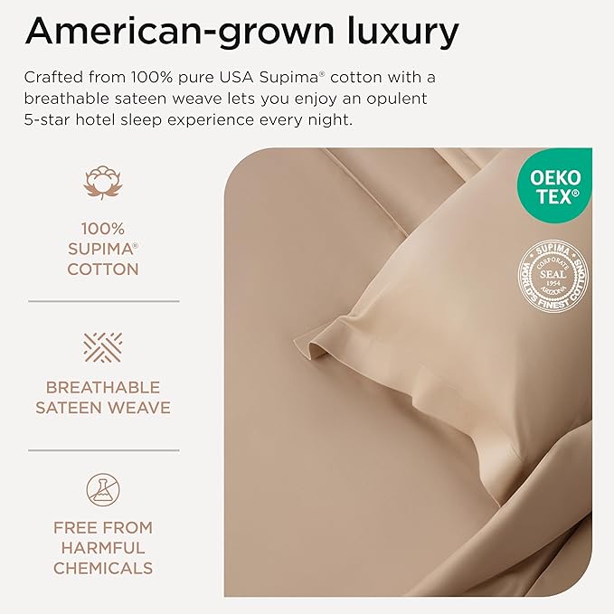 Threadmill Twin Sheet Set |656 Thread Count 100% Supima Cotton Sheets for Twin Mattress | Solid Sateen Twin Bed Sheets Set | 16” Deep Pocket | Soft Breathable 3-Piece Cooling Sheet Set | Beige Sheets