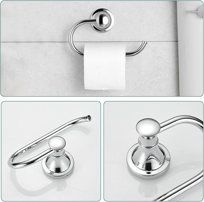 Hoimpro Chrome 4-Piece Bathroom Bath Set, Wall Mount Bathroom Hardware Fixture (Adjustable Towel Bar Rack, Towel Ring Holder, Paper Towel Holder, Double Towel Hook), Bathroom Accessories