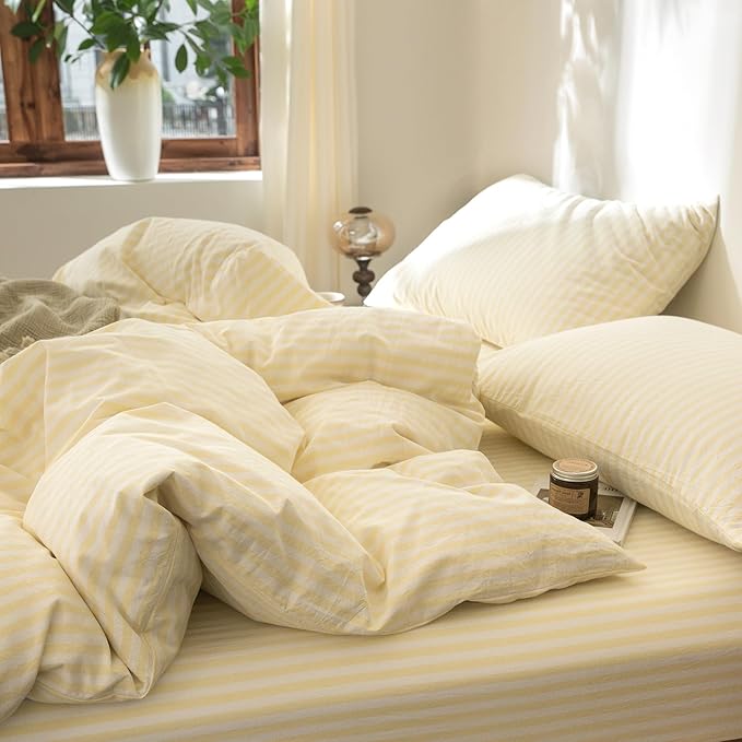 FOSSA Striped Duvet Cover Set 100% Washed Cotton Linen Feel Super Soft Breathable Cozy 3 Pieces Bedding Sets Pastel Yellow Classic Stripes Queen