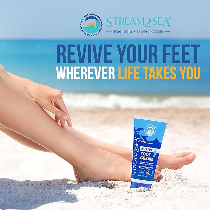 STREAM 2 SEA Active Foot Cream, Intensive Support for Active & Often Wet Feet - Softens Cracked Heels, Calluses & Dry Skin, Enriched with Neem and Tea Tree, Fast-absorbing and Non-greasy - 3 Fl oz