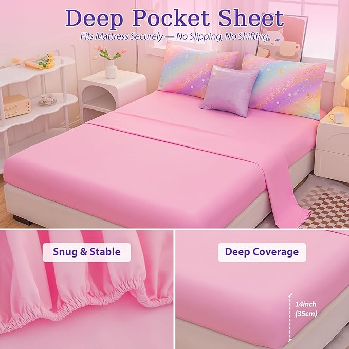 Rainbow Bedding Set Full Size – 6-Piece Reversible Girls Comforter with Deep-Pocket Sheet, Gradient Galaxy Design, Whole-Piece Filling, Machine Washable Bed-in-a-Bag for Kids Room Makeover & Gifts