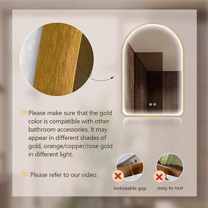 Niccy Arched LED Bathroom Mirror, 40"x30" Gold Framed Arch Wall Lighted Mirrors, Arching Frontlit Vanity-Mirror with Memory Function for Bathroom Bedroom, Defogger and 3 Color, Explosion-Proof