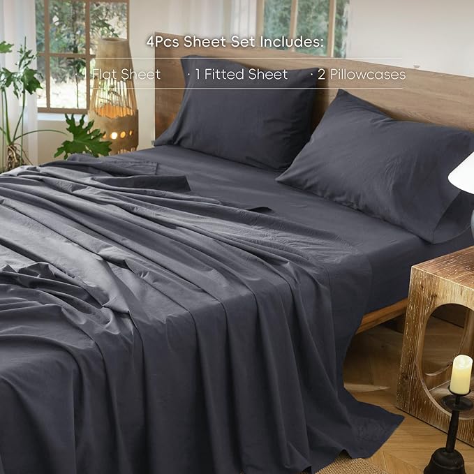 MooMee Bedding Sheet Set 100% Washed Cotton Linen Like Textured Breathable Durable Soft Comfy (Solid Deep Grey, King)