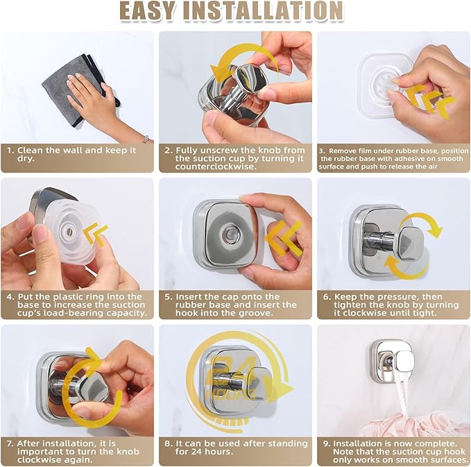 No-Drill Reusable Suction Cup Hooks, Towel, Robe, Loofah, Coat Hook for Glass, Mirror, Tile, Shower, Bathroom, Kitchen & Metal (Smooth, Non-Porous Surfaces) (4, Chrome Polished)