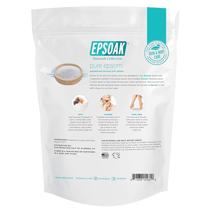 Epsoak Epsom Salt 5 lb Resealable Bulk Bag, Magnesium Sulfate USP. Unscented, Made in The USA, Cruelty-Free Certified