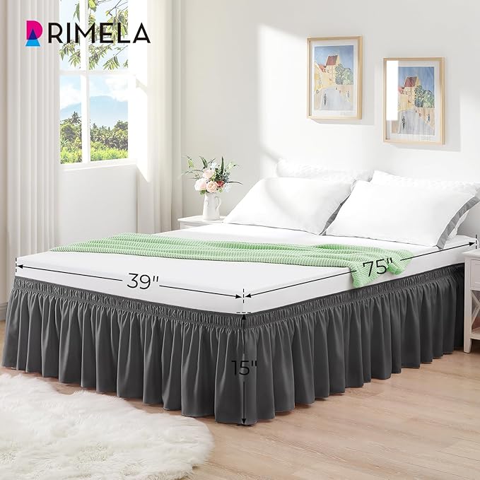 RIMELA Dark Grey Bed Skirt for Queen Size Beds & Matresses Wrap Around Elastic Dust Ruffles for Box Spring, Solid Wrinkle and Fade Resistant Machine Wash Fabric Easy to Install, Bedskirt 15 Inch Drop