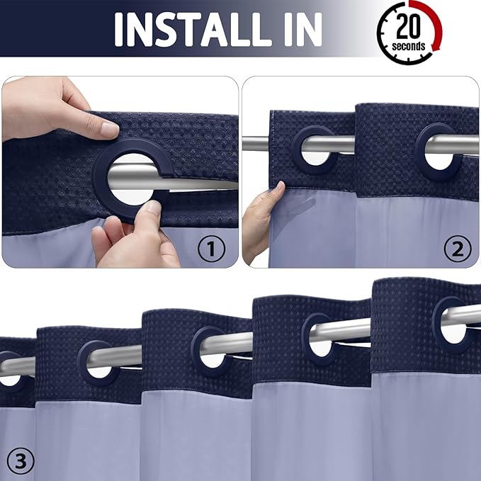 YellyHommy Stall No Hook Shower Curtain with Snap in Liner Set Less Time Blue Waffle Shower Curtain for Bathroom 75" L x 36" W