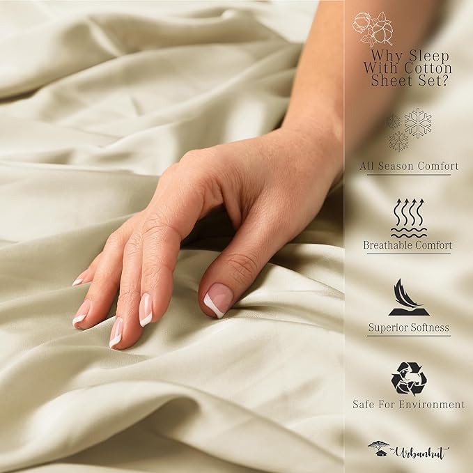 URBANHUT 1000 Thread Count Egyptian Cotton California King Sheets, Long Staple Soft & Breathable, 4 Pc Bed Sheet Sets, Luxury Hotel Sateen Sheets Fits 16" Deep Pocket - Ivory