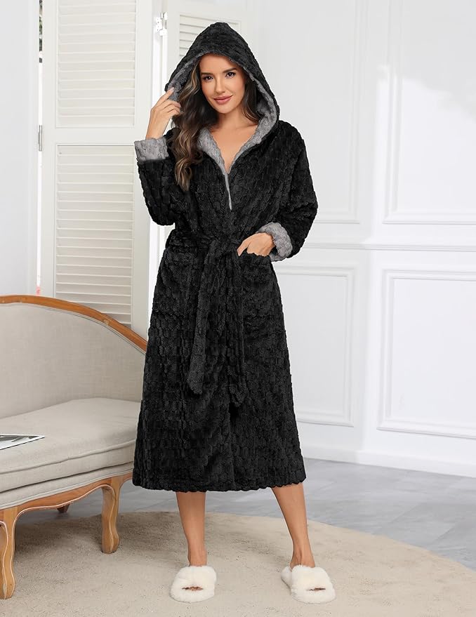 Ekouaer Womens Plush Robes Long Soft Jacquard Fluffy Bathrobe Hooded Robe Sleepwear with Pockets