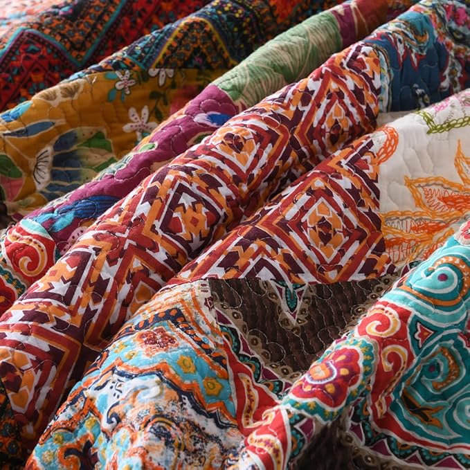 Autumn Dream Cotton Patchwork Bedspread Quilt Sets, Reversible Bedding Coverlet Sets, Red Gorgeous Vintage Pattern, QueenSize