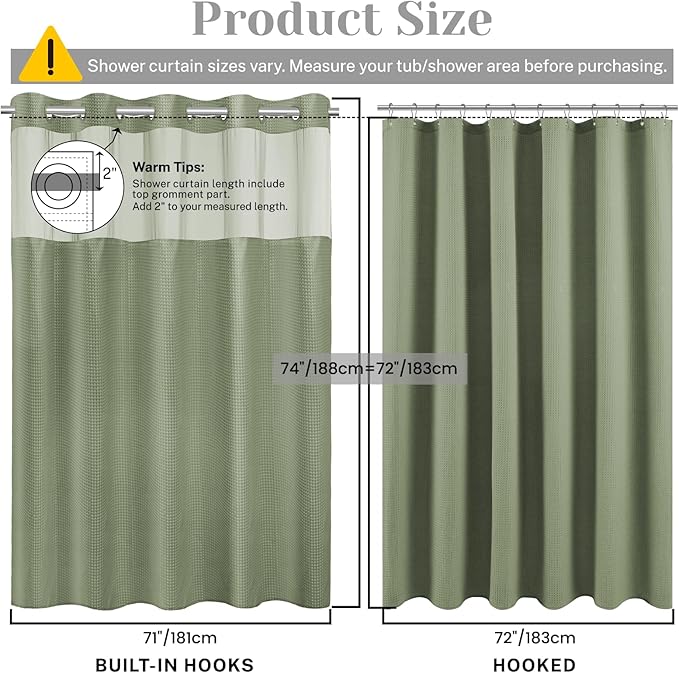 No Hook Shower Curtain with Snap in Liner Set Waffle Shower Curtain for Bathroom Hotel Style Fabric Waterproof Inner Liner，71" W x 74" H, Green