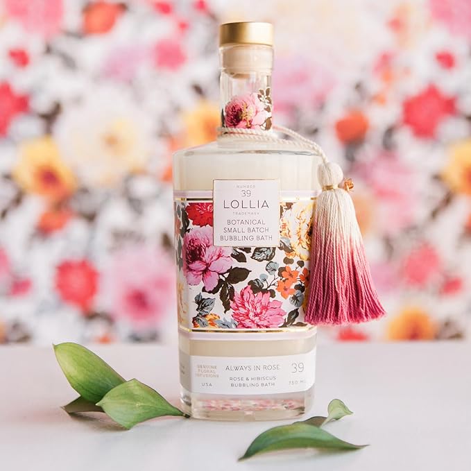 Lollia Always in Rose Bubble Bath, 25 fl oz, Rose & Hibiscus Scented Bubble Skin Care for Women, Moisturizing & Hydrating Luxury Floral Bubbling Bath Soap for Home Spa