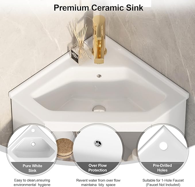 Corner Bathroom Vanity Sink Cabinet 24", Wall Mount Floating for Small Bathroom, White Ceramic Top (Faucet Not Included) (Wave Pattern)