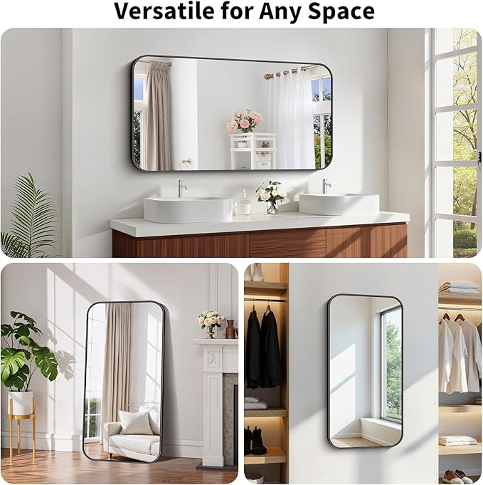 Koonmi Black Framed Bathroom Mirror - 24x48 Inch Shatterproof Tempered Glass Vanity Mirror for Bathroom Sink, Wall Mounted with Matte Aluminum Alloy Frame, No Distortion, Modern Decor