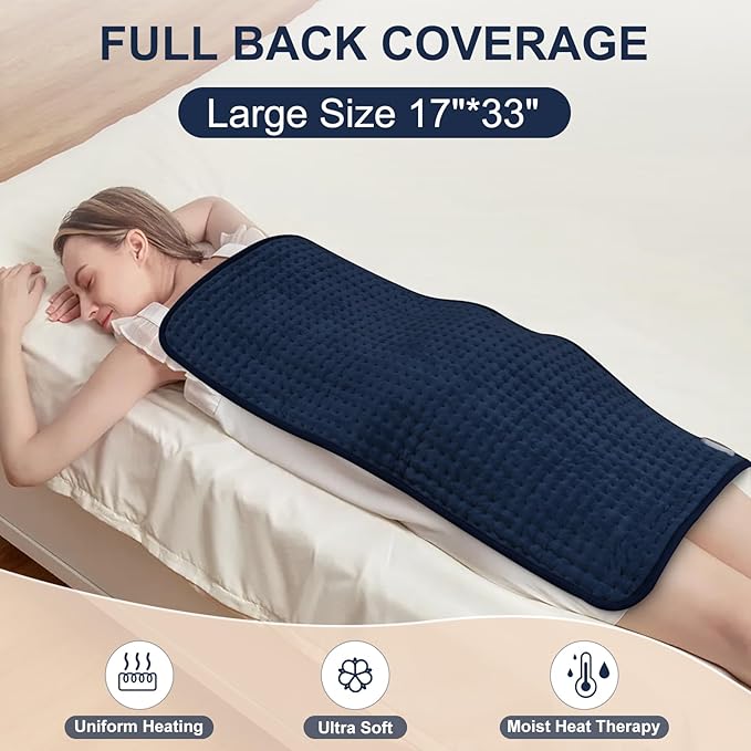 Heating Pad for Back Pain Relief 17"x33" Large, Moist Dry Heat Options, XL Electric Heating Pads, 9 Heat Settings, Machine Washable, Auto-Off, Gifts for Women, Mom, Men