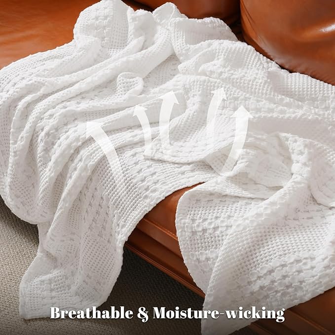 PHF 100% Cotton Waffle Weave Blanket Twin Size for Bed, Soft Lightweight & Breathable, All-Season Comfort, Luxury Aesthetic Woven Bedding for Home Decor, 66"x90", White