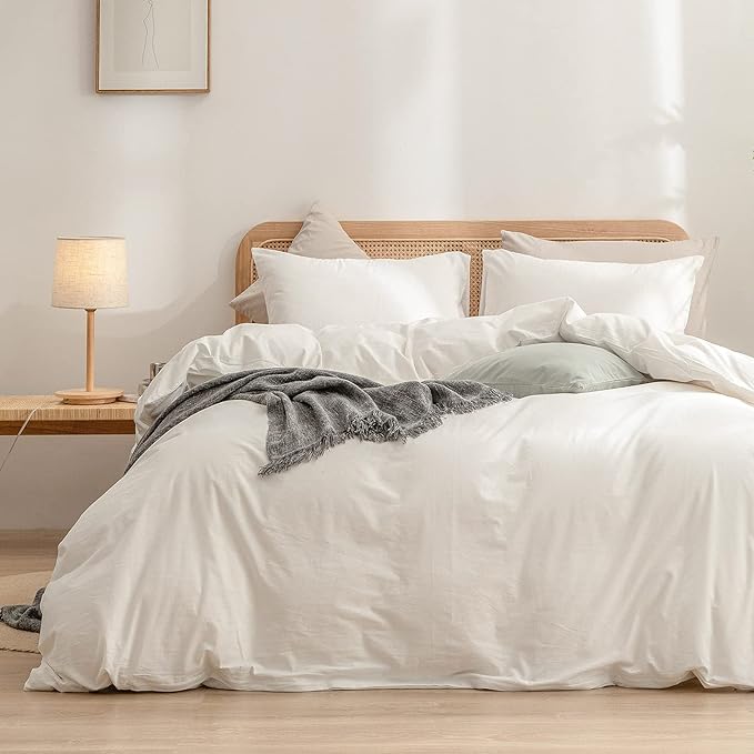 BESTOUCH Duvet Cover Set 100% Washed Cotton Linen Feel Super Soft Comfortable Chic Lightweight 3 PCs Home Bedding Set Solid Off White Super Queen