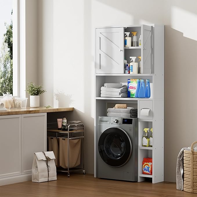 Meilocar Bathroom Storage Cabinet Over Toilet with Toilet Paper Holder Stand, Freestanding Bathroom Storage Organizer Cabinet Space Saver W/Adjustable Shelf, White