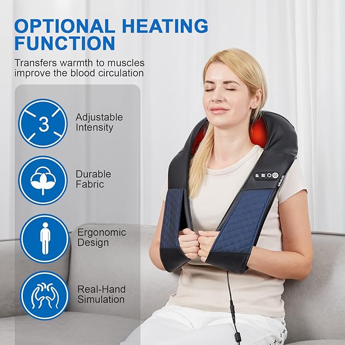 Neck and Shoulder Massager with Heat Shiatsu Back Massage Pillow with 3D Deep Tissue Kneading for Foot, Legs, Body Muscle Pain Relief, Use at Home, Office & Car