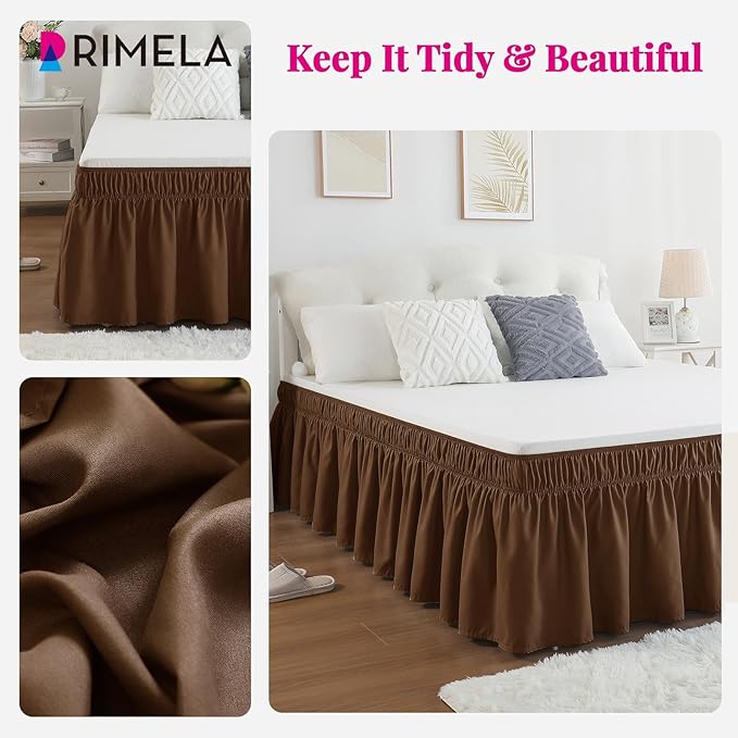 RIMELA Bed Skirt Full Size 15 Inch Drop, Elastic Bed Skirting for Bed Base and Frame, Bedding Dust Ruffle Easy to Install, Lightweight Wrap Around Adjustable Bedskirt, Brown
