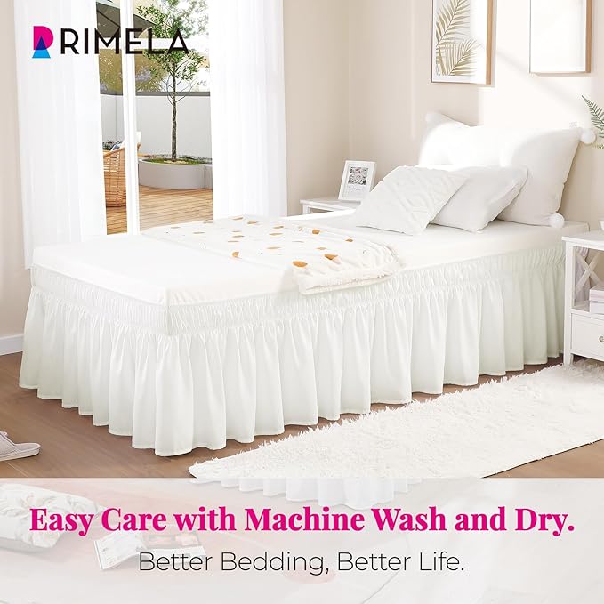 RIMELA White Bed Skirt Full Size 12 Inch Drop, Elastic Bed Skirting for Bed Base and Frame, Bedding Dust Ruffle Easy to Install, Lightweight Wrap Around Adjustable Bedskirt
