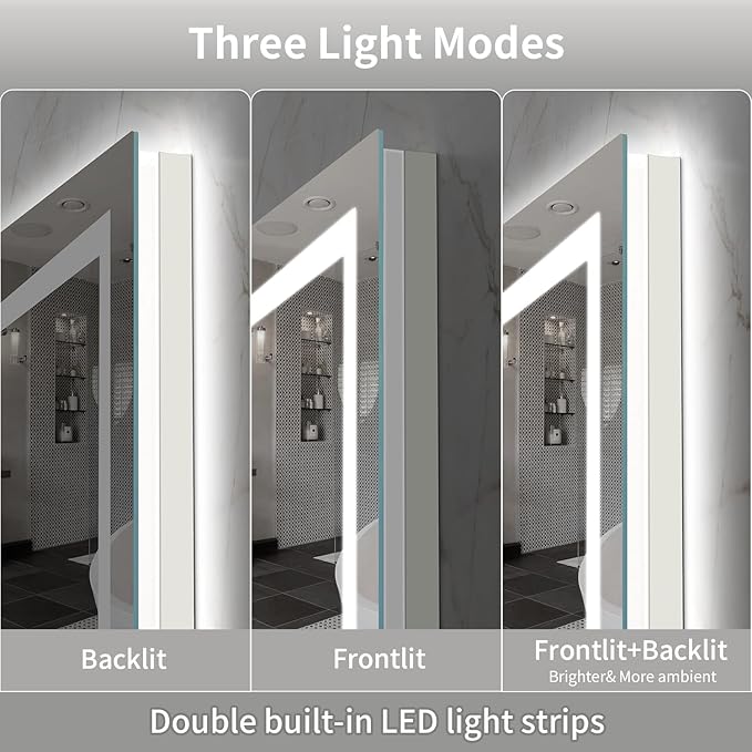 LED Mirror for Bathroom, 66x40 Inch Backlit + Front Lighted Bathroom Vanity Mirror with Lights for Wall, Double Light Strips, 3 Colors, Shatter-Proof, Anti-Fog and Brightness Memory