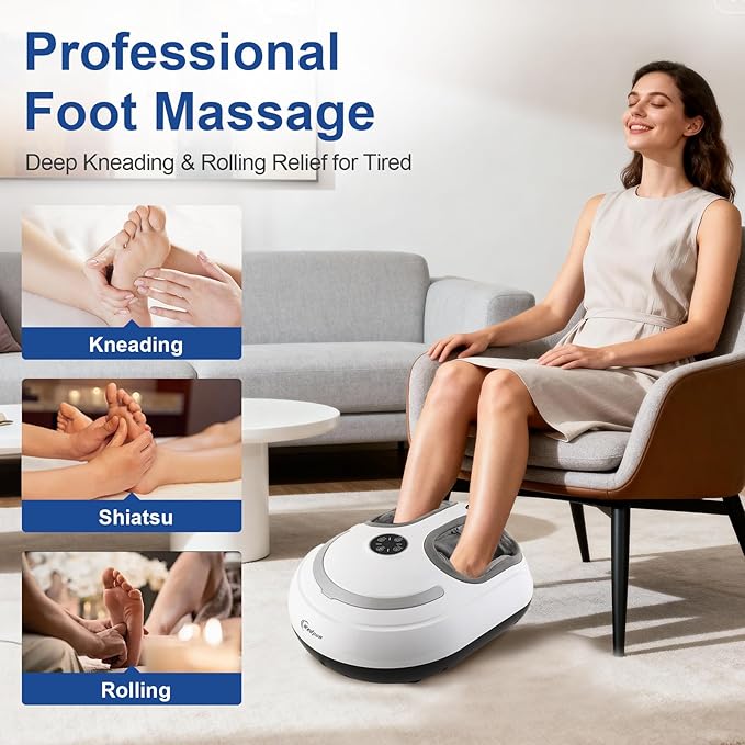 Foot Massager with Heat Shiatsu Feet Massage Machine Deep Kneading Relief for Plantar Fasciitis Air Compression 3 Heat Levels, Relax for Home Office Use, Christmas Gifts for Women Mom Dad White