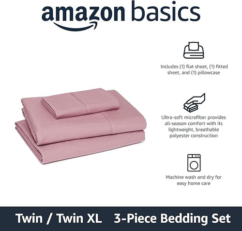 Amazon Basics Lightweight Microfiber 3-Piece Bed Sheet Set, Rose, Solid, Twin XL