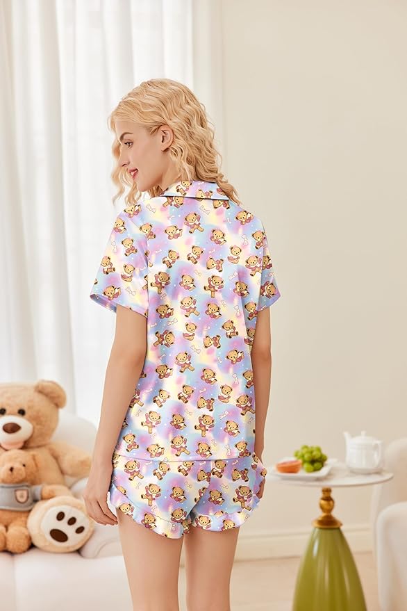 Ekouaer Womens Satin Pajamas Set Button Down 2 Piece Silk Pjs Shorts Set Ruffle Lingerie Notch Collar Sleepwear