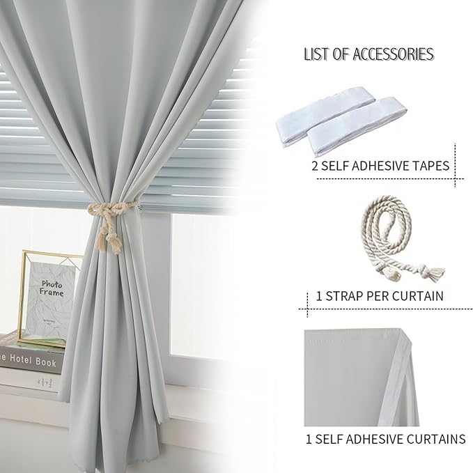 self Adhesive Curtains Portable Blackout Curtain Simple and Easy to Install Bedroom Window Thermal Lnsulated Kitchen Room Darkening Black Small Drapes, 35" W X 71" L, White, 1 Panel