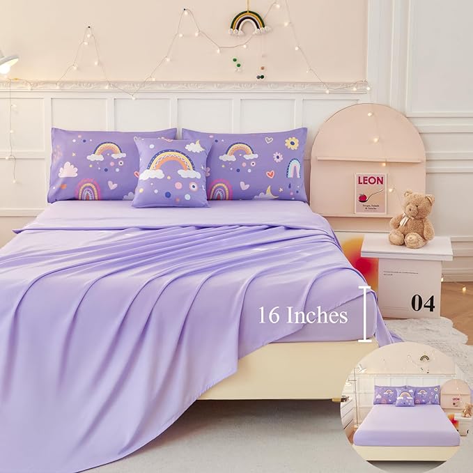 ANGIYUIN Purple Queen Size Comforter Set for Girls 6Pcs Kids Bed in A Bag Rainbow Bedding Comforter Set with Sheets Decorative Cloud, Love, Saleboat and Moon,Purple, Queen