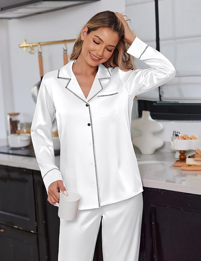 Ekouaer Satin Pajama Set for Women Silky Sleepwear Long Sleeve Top and Pants Button Down Pjs Lounge Set
